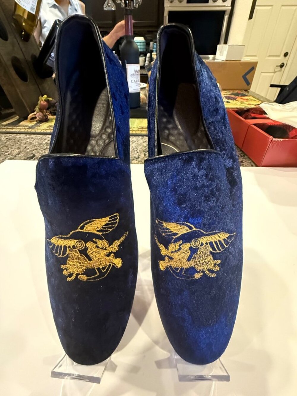 Mens Velvet Embroidered Loafers Navy Blue Gold Eagle Design Size 47
